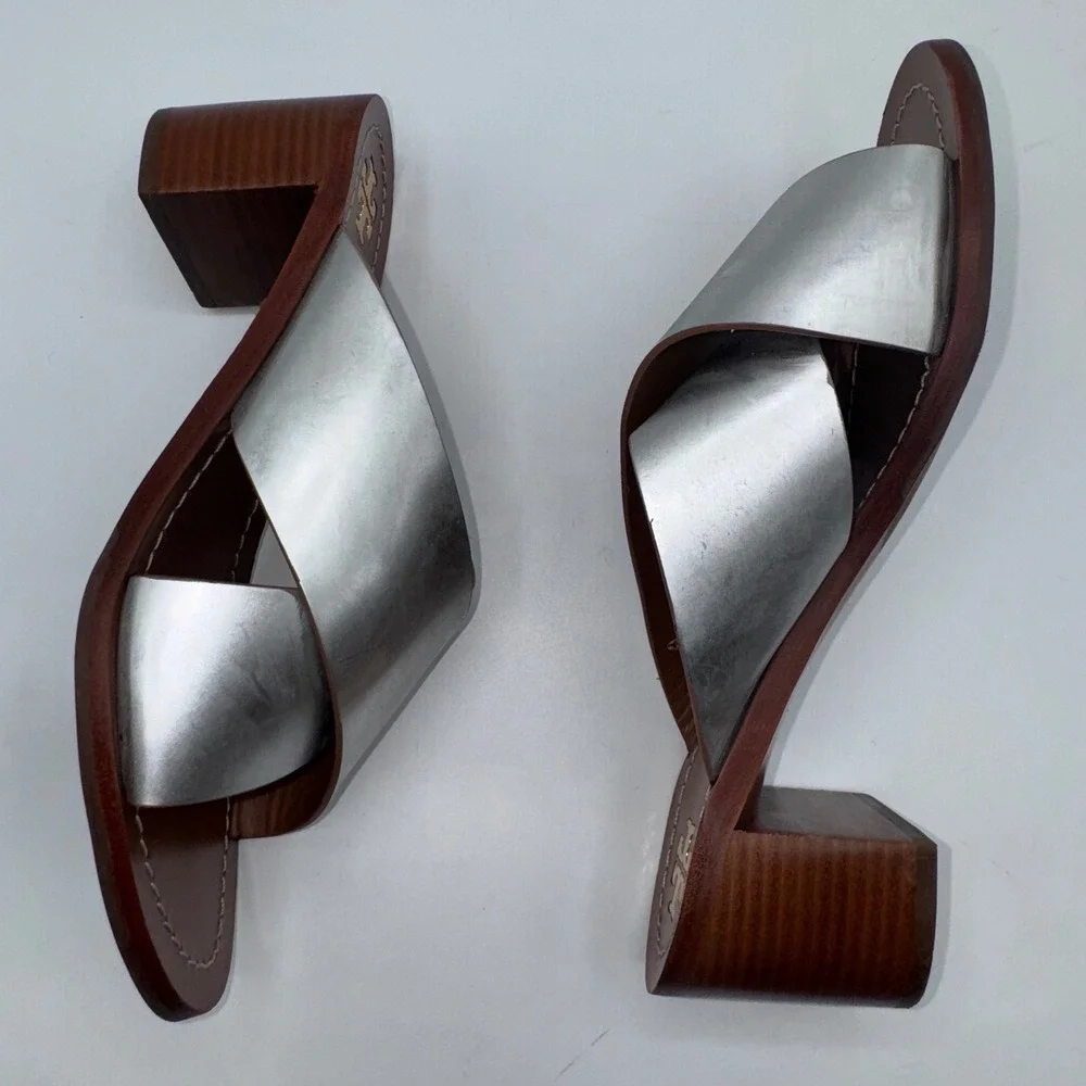 Tory Burch Heels Silver‎ Metallic Montrose Stacked Block Heel Slide Sandals 9.5